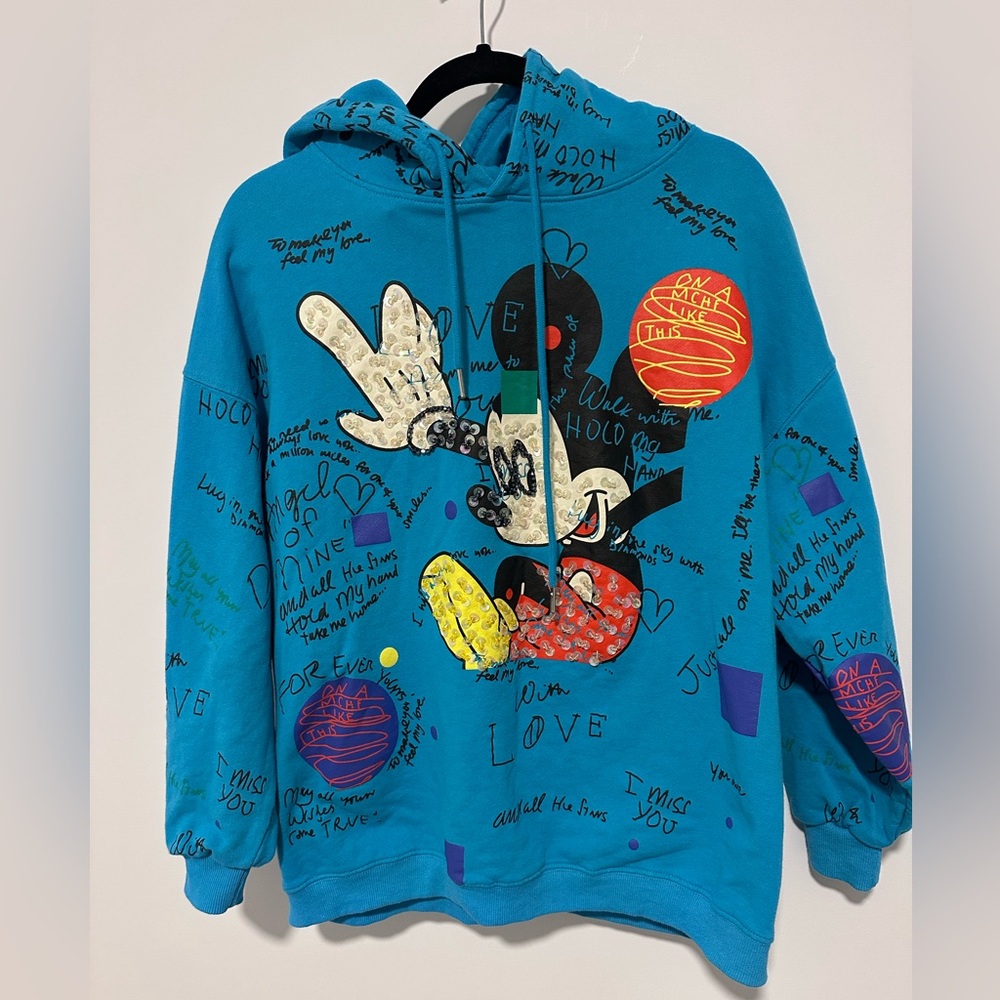 Disney Mickey Mouse Blue Graffiti Doodle Hoodie Sequin